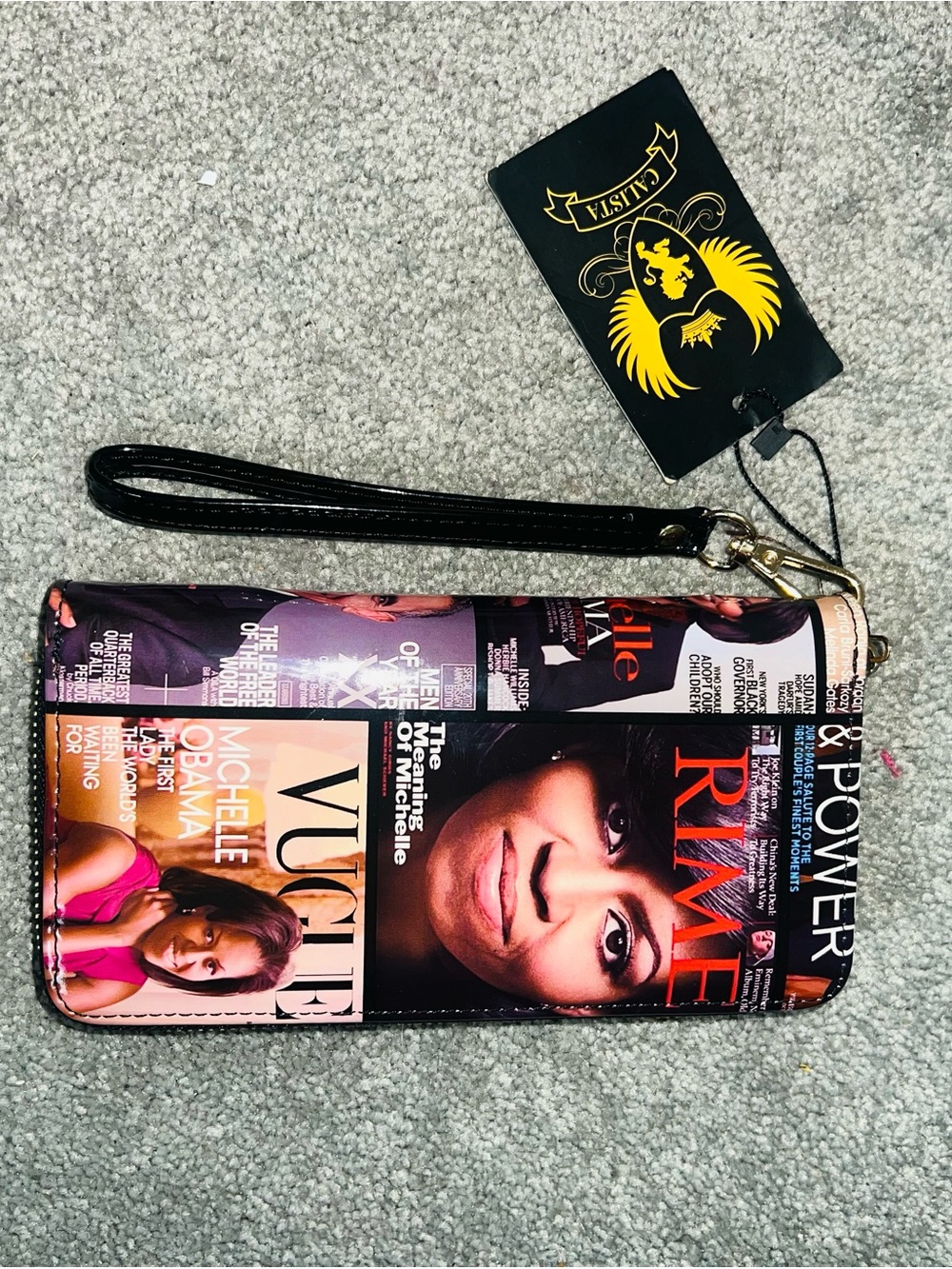 Michelle Obama Magazine Print Wristlet Clutch - Black Strap NWT